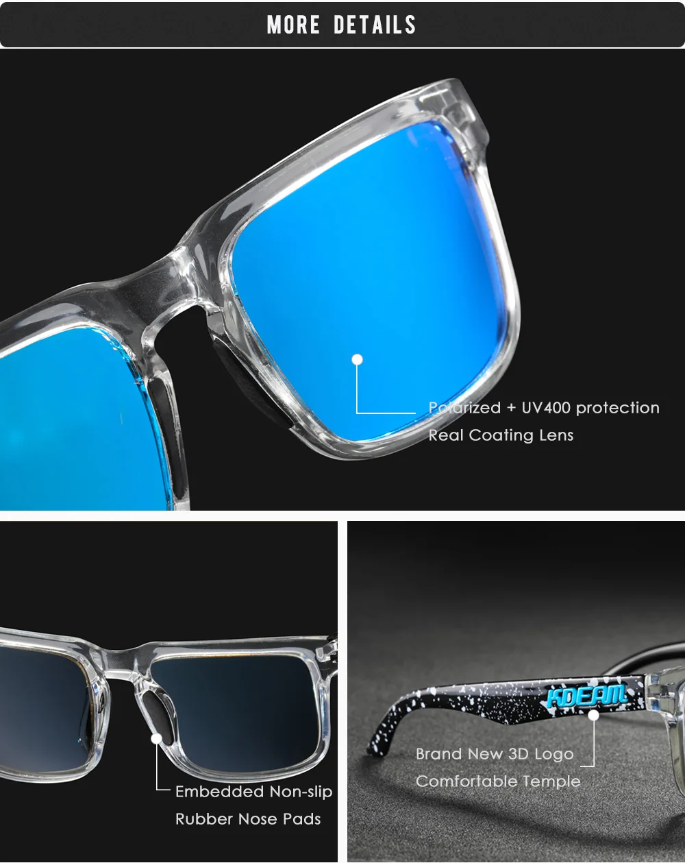 Neue hochwertige quadratische Sonnenbrille für Herren der Marke KDEAM, farbige Sport-Polarisations-Sonnenbrille mit reflektierender Beschichtung und verspiegelten Gläsern – Detail 6
