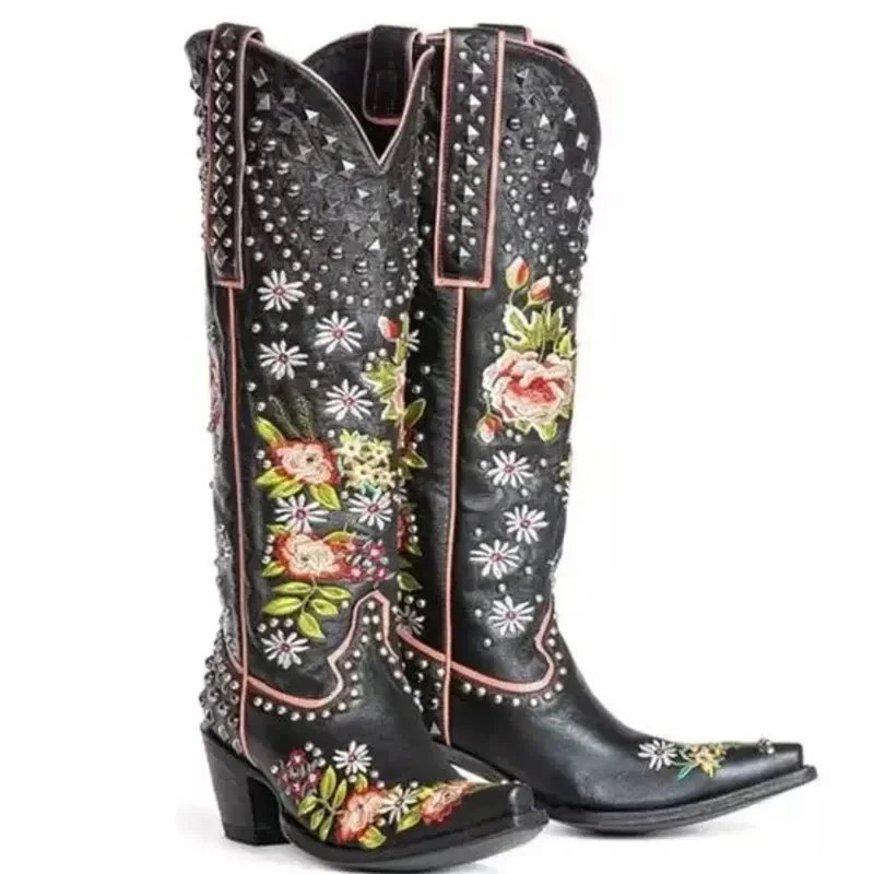 New Flower Embroidered Rivet Western Cowboy Boots Women Pointed Toe Square Heels Vintage Knight Boots Cowgirl Boots Shoes