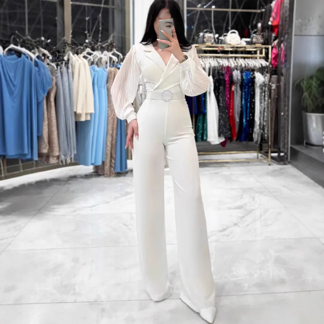 Fashion Party Jumpsuit Elegante formele damesjumpsuit met lantaarnmouwen V-hals Wijde pijpen Chique kantoorkleding voor de lente zomer