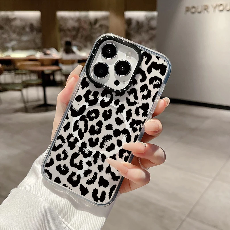 Fashion Pink Leopard Print Clear Case For Iphone 11 12 13 15 16 Pro Max Wireless Magnetic Charging Soft 14 Plus Shockproof Cover
