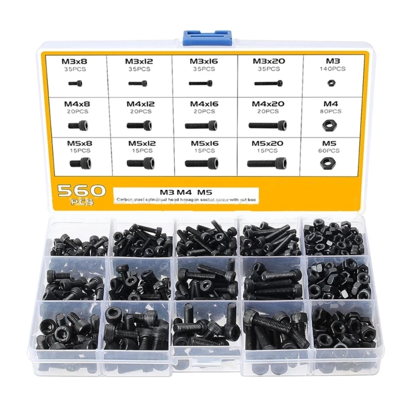 

560Pcs 3,4,5mm Hexagons Socket Head Caps Screws Nut Hexagons Head Metric Screws