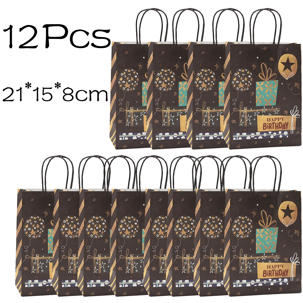 12Pcs Black Happy Birthday Theme Paper Gift Packing Bags Candy Cookie Bag Shopping Bag for Birthday Party Favors Bag Decoration