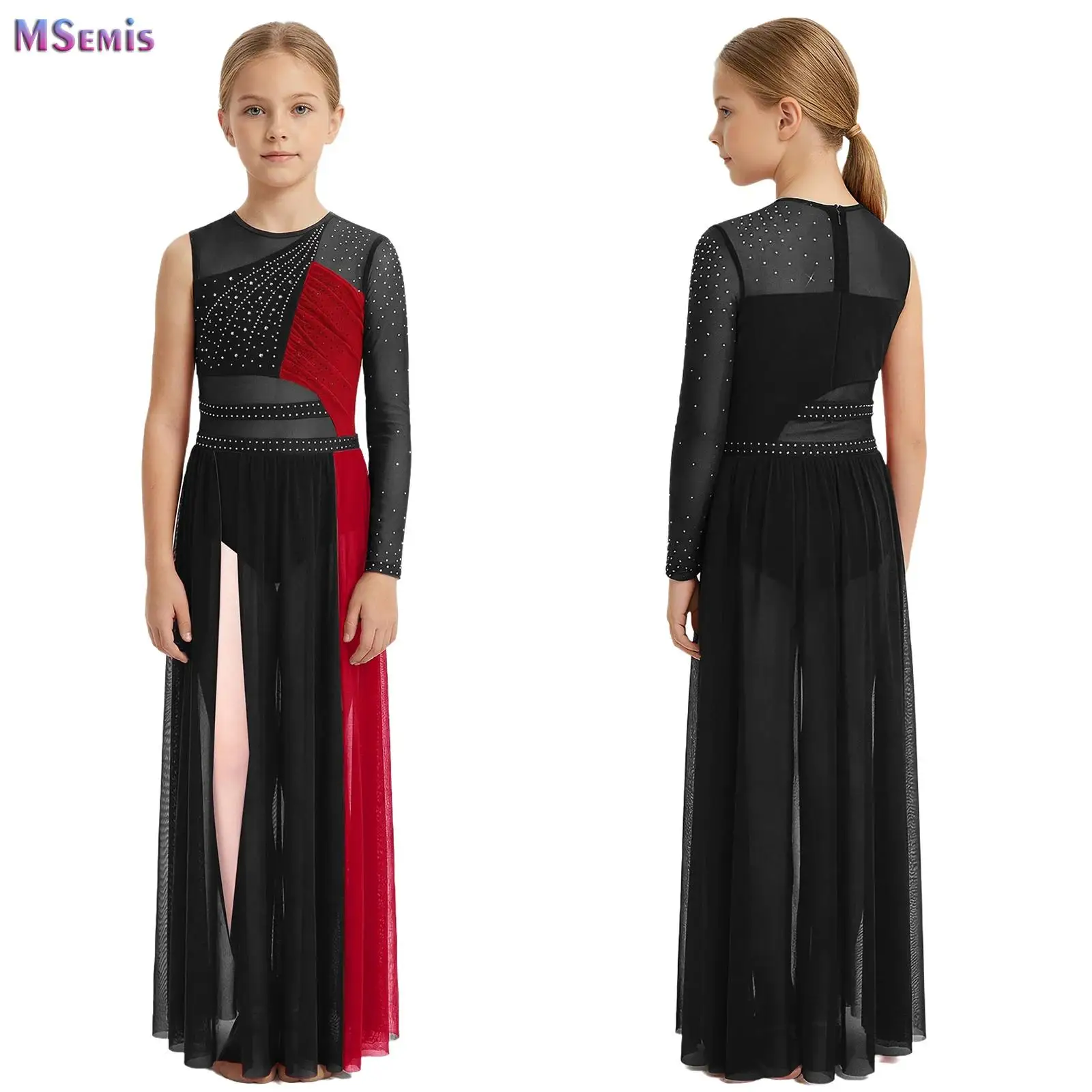 

Kids Girls Lyrical Dress Sparkly Rhinestones Color Block Patchwork Side Split Mesh Hem Maxi Dress Ballet Dance Leotard Dresses