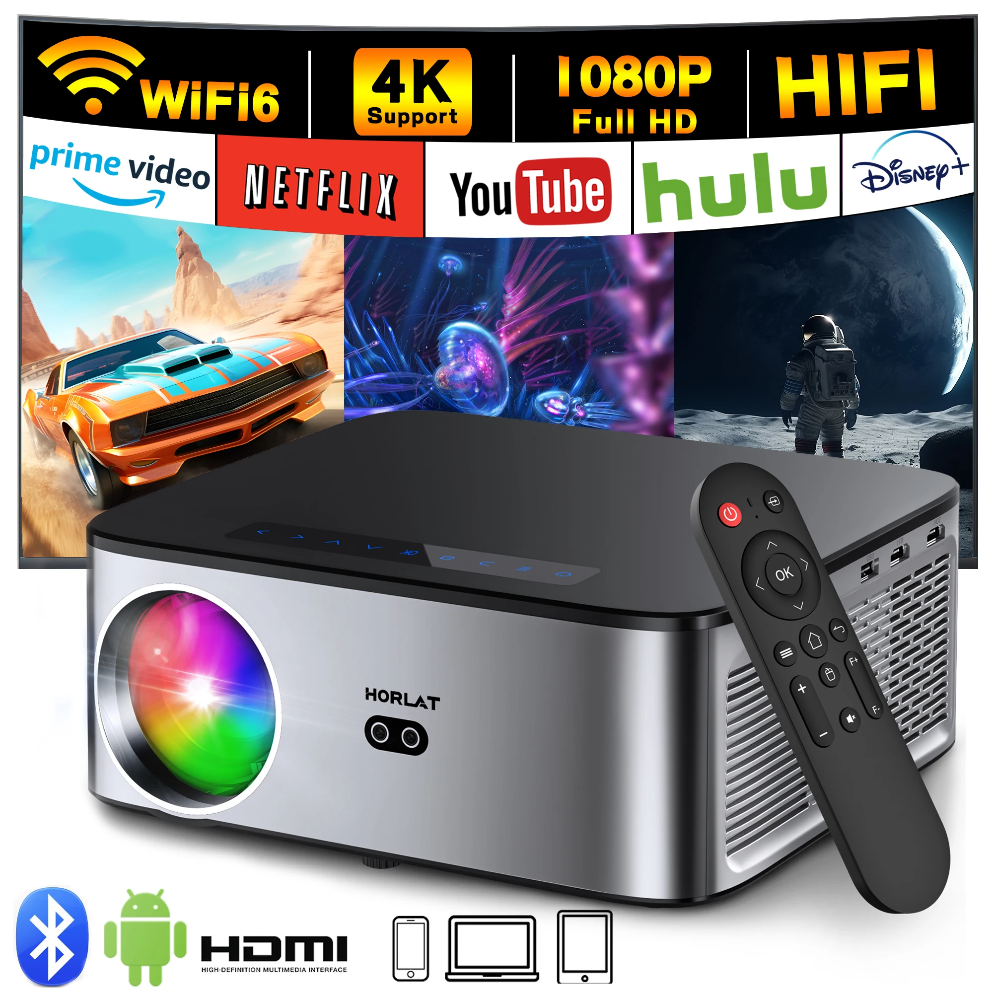 HORLAT 26000Lumenes Android 4K Projector 8K Video HiFi Audio Home Theater AutoFocus Keystone 5G WiFi Portable Proyector Beamer