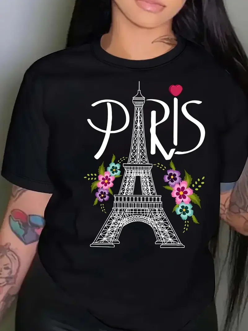 

Paris Eiffel Tower Print T-shirt Short Sleeve Crew Neck Casual Top For Summer Spring Soft oversized TopsFashion Cool Tee Clothes