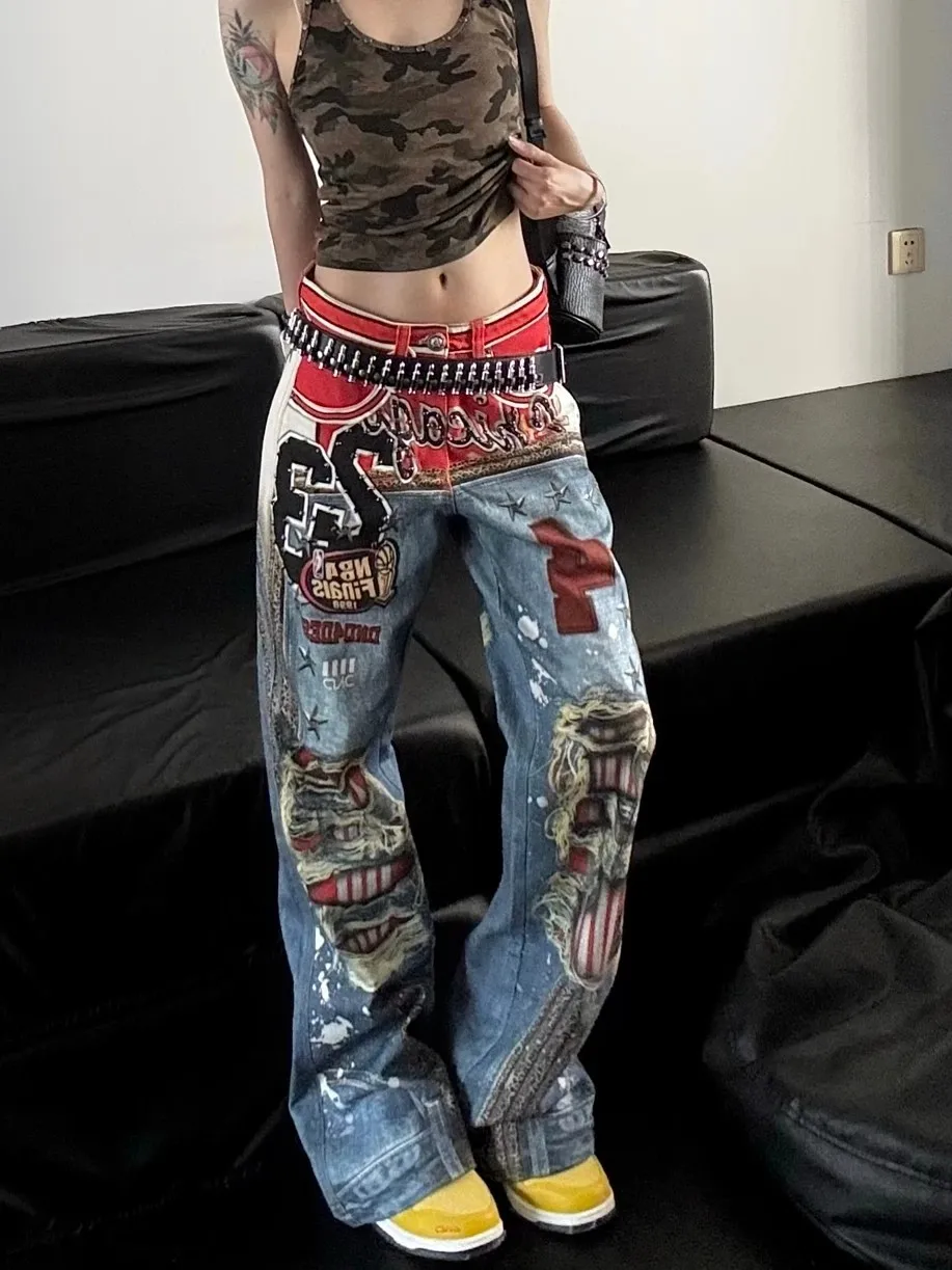 American Street Style Wide Leg Jeans Digital Print Loose Fit Slimming Bell Bottoms Men's Women's Fashionable Long Trousers