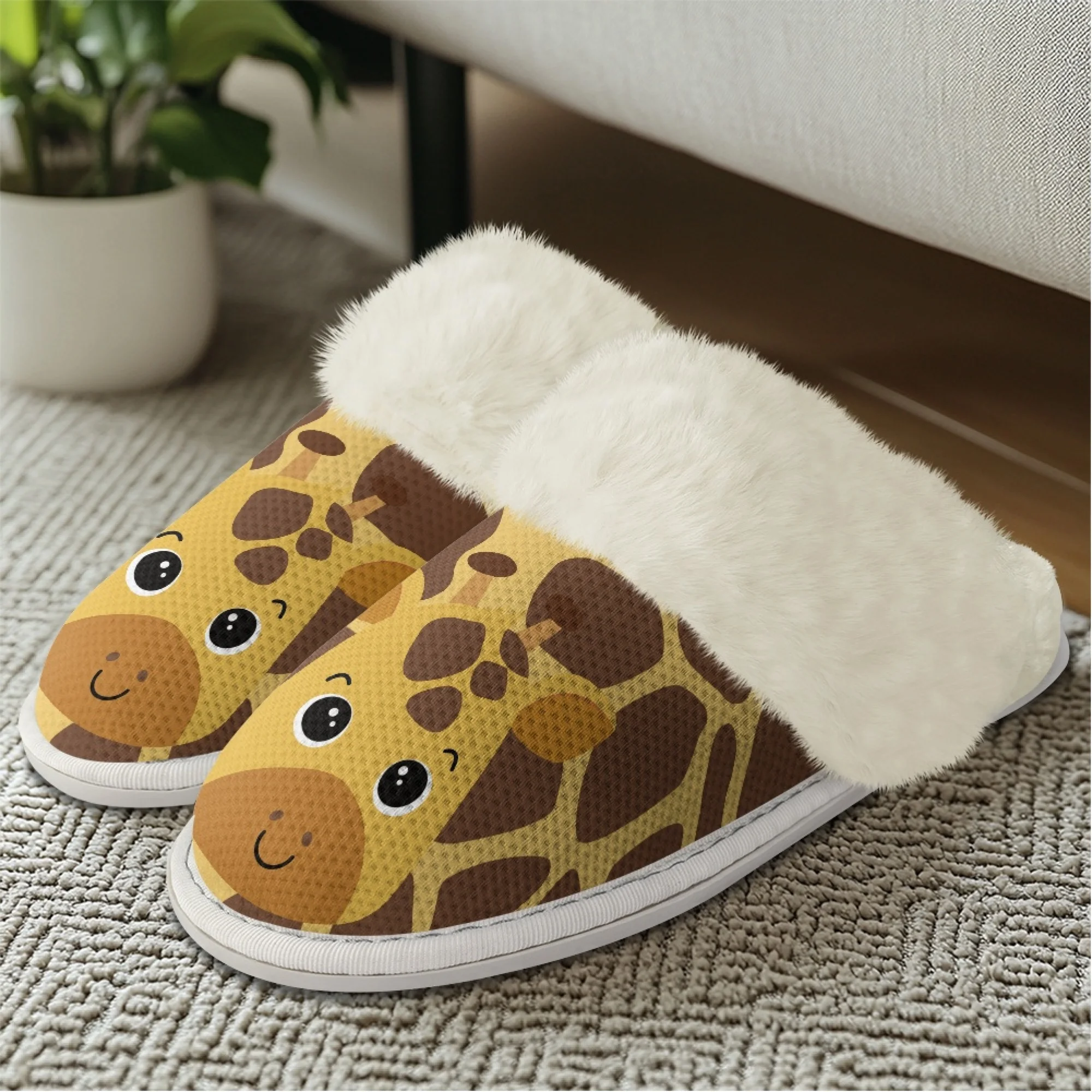 INSTANTARTS Women Flat Fuzzy Slippers Cute Cartoon Giraffe Non Slip Soft Comfortable Casual Indoor Winter Warm Shoes