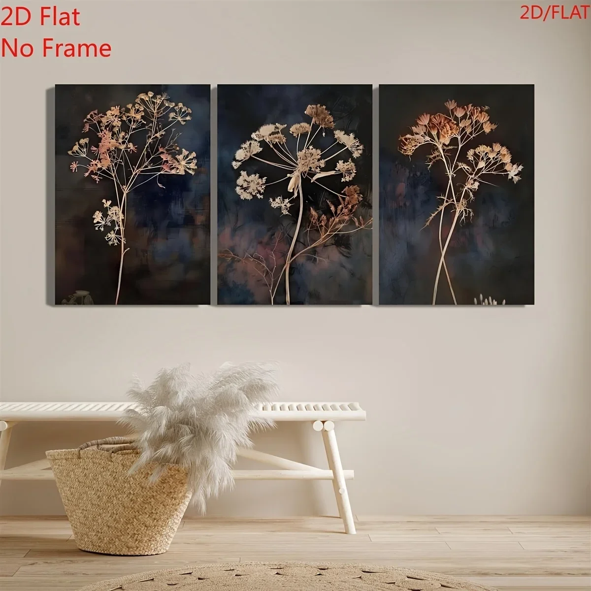 (No frame)2D Flat, 3pcs Wildflower Vintage Art, Floral, Dark Botanical Print, Floral Wall Art Canvas Print Decorative Paintin