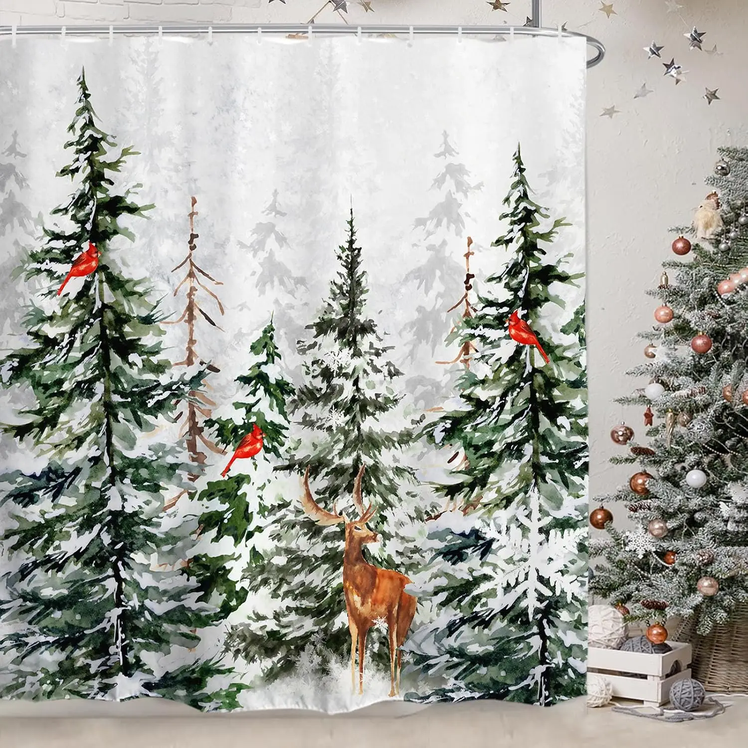 Baccessor Christmas Winter Shower Curtain Snowy Forest Pine Tree Cardinal Deer Snowflake Shower Curtain 72x72 Inch Xmas Holiday Bathroom Bath Rustic Farmhouse Decor Waterproof with Hooks