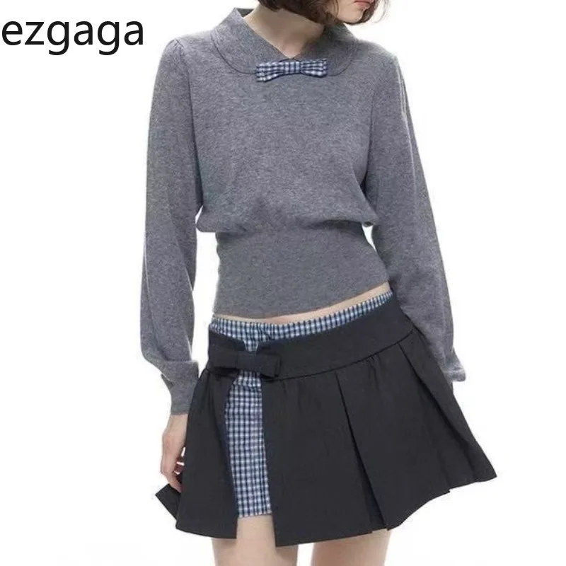 

Ezgaga вязаный свитер женский с воротником Питера Пэна и бантом осень-зима модный укороченный джемпер с длинными рукавами женский повседневный пуловер