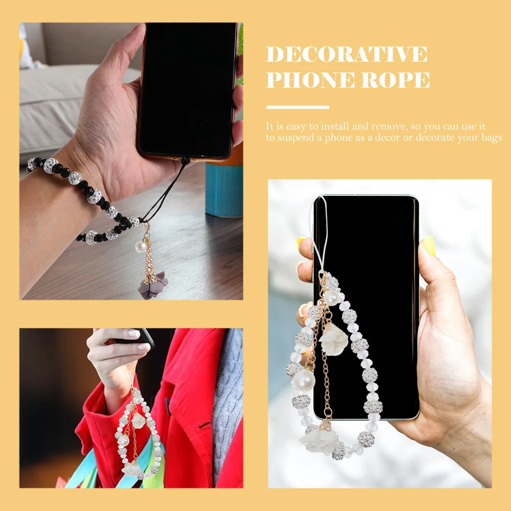 2pcs Phone Lanyard For Smartphone Crystal Beaded Flower Design Hanging Rope Chain For Mobile Phone Camera Mp3 Keychain Use