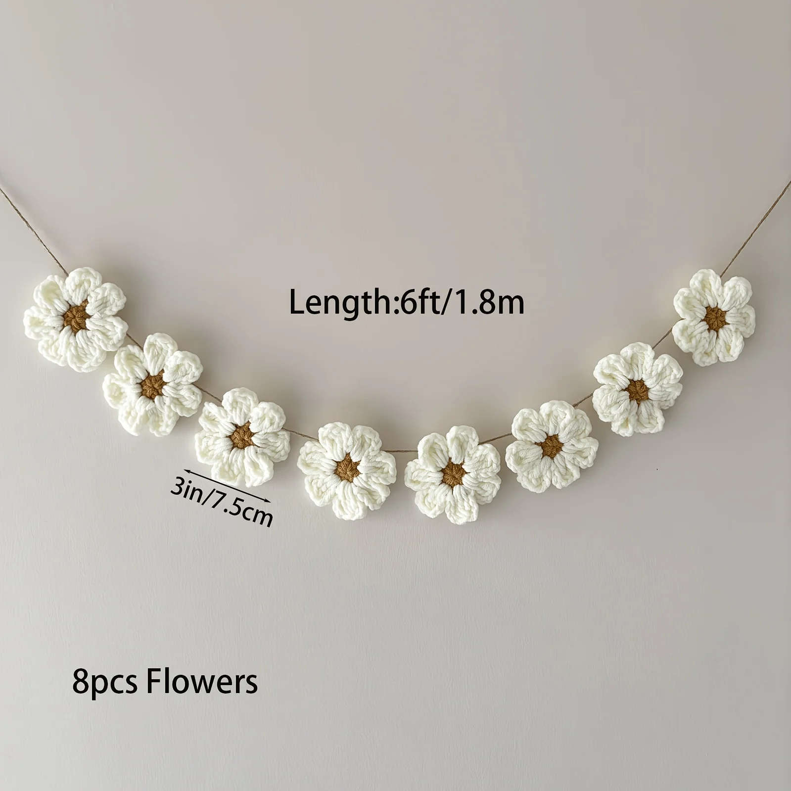 Handgefertigte Häkel-Gänseblümchen-Blumengirlande Boho Blumen-Wandbehang für Muttertag Wohnzimmer Schlafzimmer Deko 8 Blumen – Detail 3