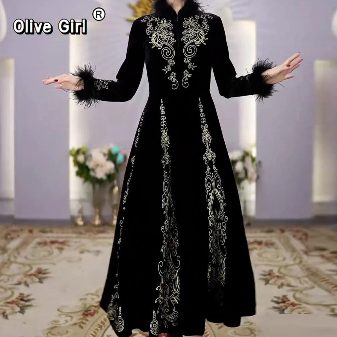 

Dress Plus Size Chinese Black Retro Fur Collar Embroidery Oversized 2025 Autumn Winter Women's Dress Temperament Slim Big Swing