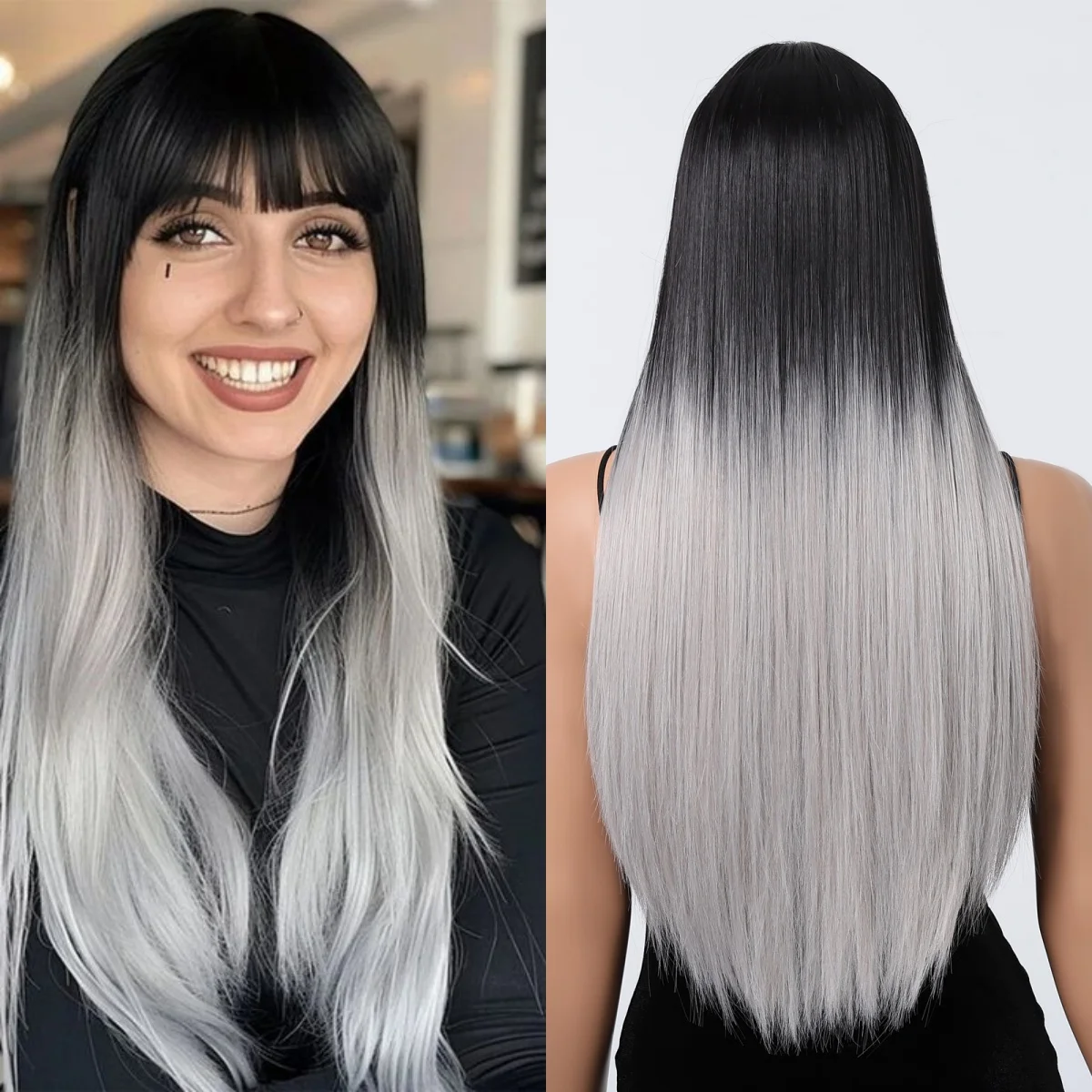 

Длинный прямой парик из синтетических волос, черный, серый парик с омбре с челкой для женщин, косплей, вечерние накладные волосы в стиле Лолиты, термостойкое волокно