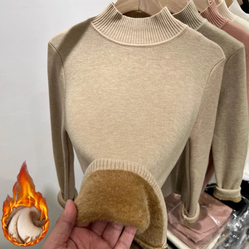 

Korean Half Turtleneck Poleras Soft Knit Tops Autumn Winter Sweater Women Pullover Slim Thick Warm Plush Velvet Lined Jumper