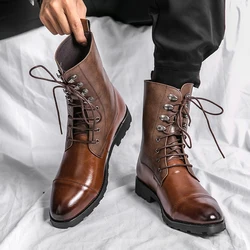 Autumn Winter Thick High Heels Platform High Top Boots Fashion Round Toe Lace-up Vintage Ankle Boots Genuine Leather Men Boots