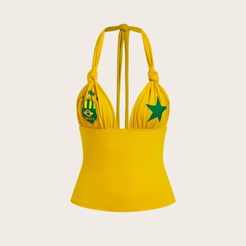 Y2K Summer Dopamine Beach Sports Contrast Printing Vest American Street Hip Hop Casual Backless Sexy Kink Hanging Neck Camisole