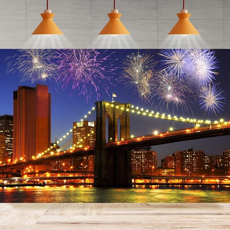 نيويورك جسر المدينة الألعاب النارية التصوير خلفية ليلة جسر بروكلين خلفية عيد ميلاد المنزل حفلة خلفية جدار راية #1