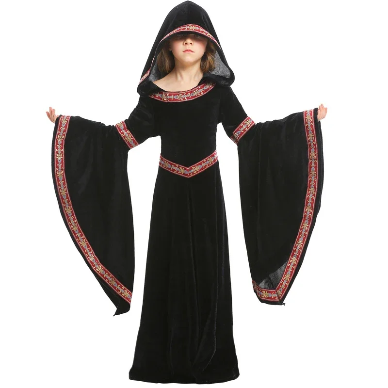 

Medieval Cosplay Vampire Witch Dress Halloween Costumes for Kids Girls Middle Ages Carnival Party Performance Long Hoody