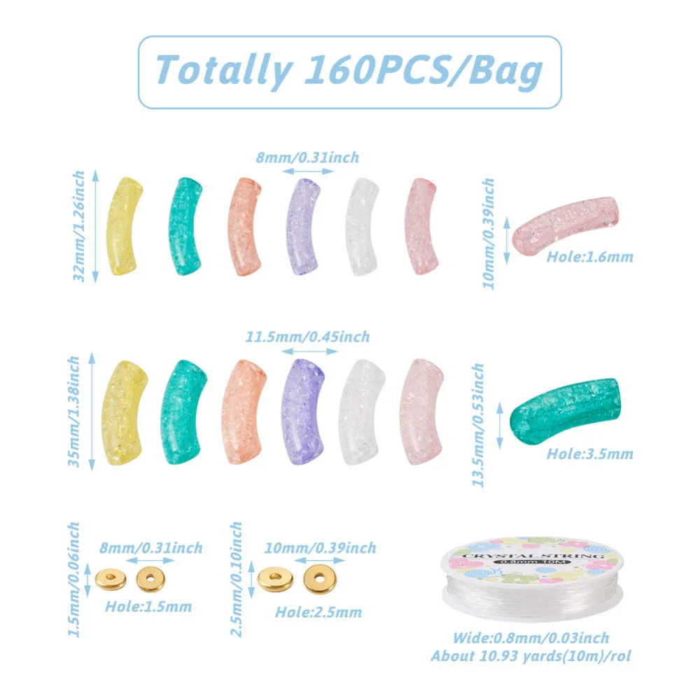 160Pcs Acrylic Curved Tube Beads Stretch Bracelet Brass Spacer Bead Elastic Thread For Women Bracelet Bangle DIY Jewelry Making