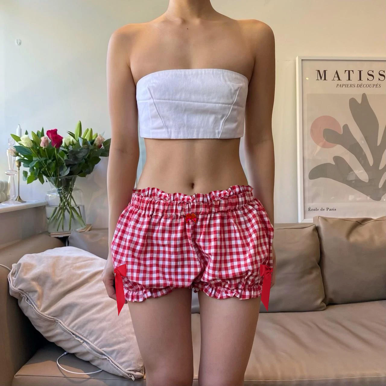 Women Red and White Plaid Bloomer Shorts Vintage Y2k Gingham Shorts Elastic Waist Bowknots Sweet Girl Lolita Pettipants