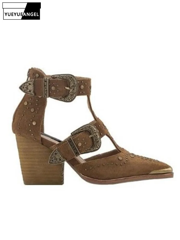 

Office Ladies Spring Summer Chunky Heels Sandal Vintage Designer Pointed Toe Rivet Hollow Out Buckle Gladiator High Heel Shoes