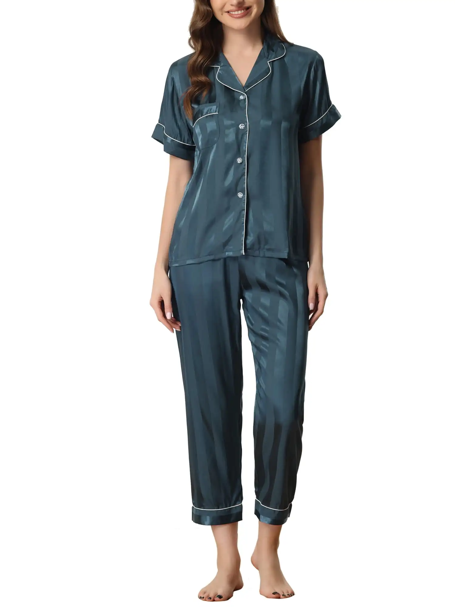 

Unique Bargains Womens Satin Button Down Short Sleeve Long Pants Pajama Set XS Blue