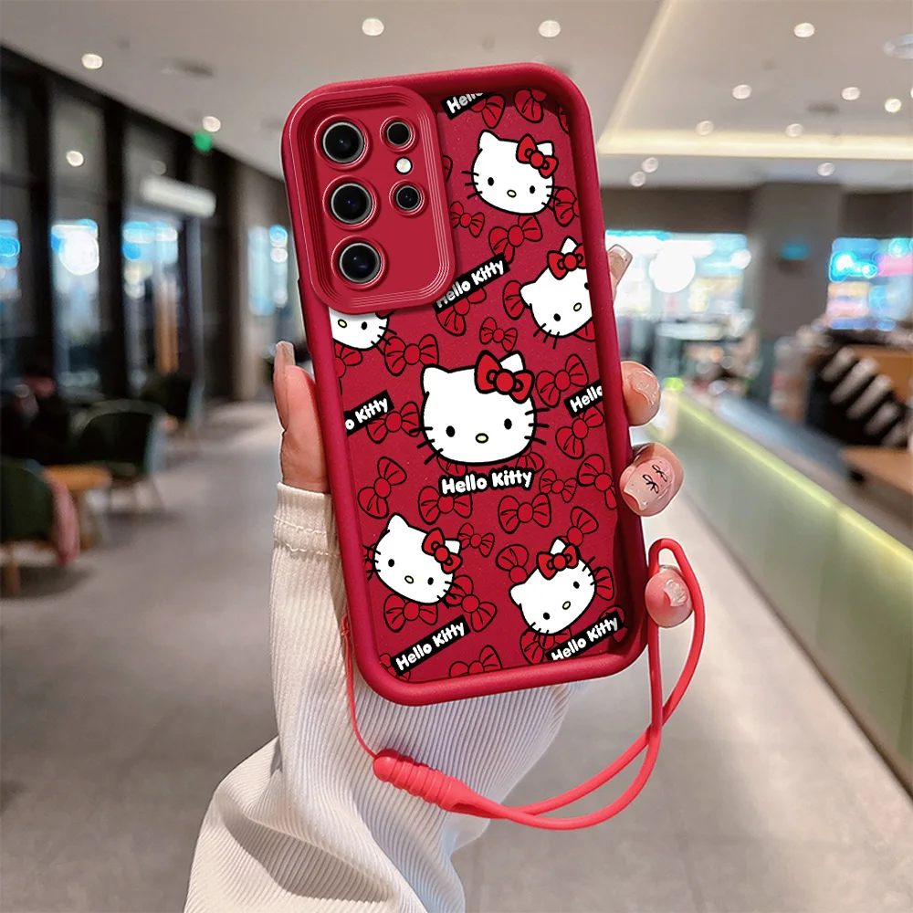 Cute Sanrios Bow Hello Kitty Phone Case for Samsung S24 S23 S22 S21 S20 Note 20 FE Plus Ultra 5G Soft TPU Cover With Hand Strap