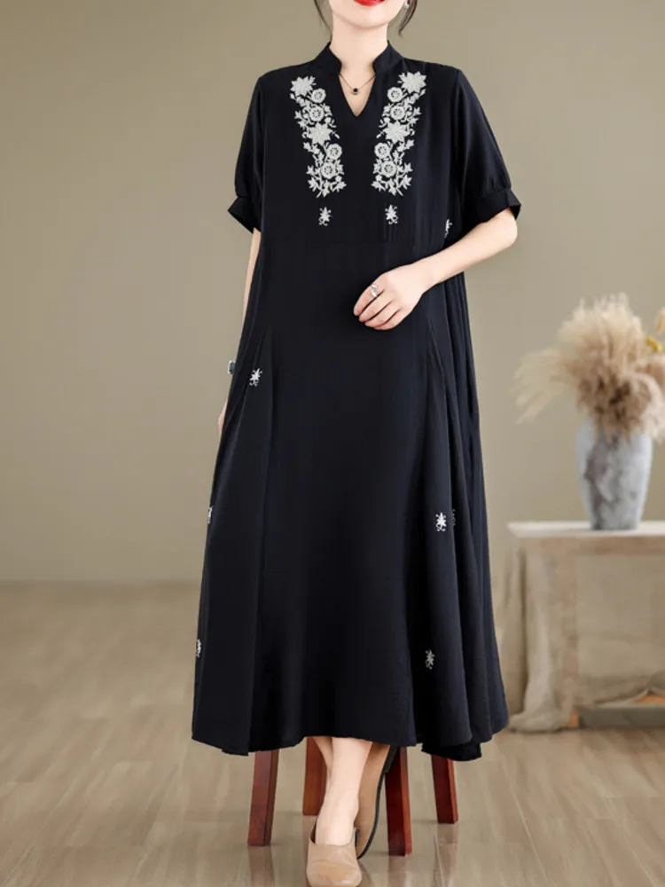 #3876 Black A-line Dress Embroidery Floral Split Joint  Asymmetrical Long Shirt Dress Women Short Sleeve Loose Cotton Summer2024