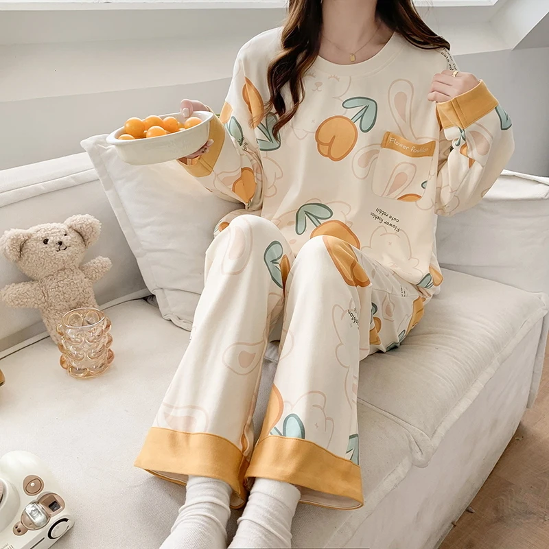 Conjuntos de pijamas para mujer, ropa de dormir juvenil con estampado elegante y cuello redondo, moda coreana, ropa de casa de otoño, pijamas populares clásicos holgados a la moda Ins