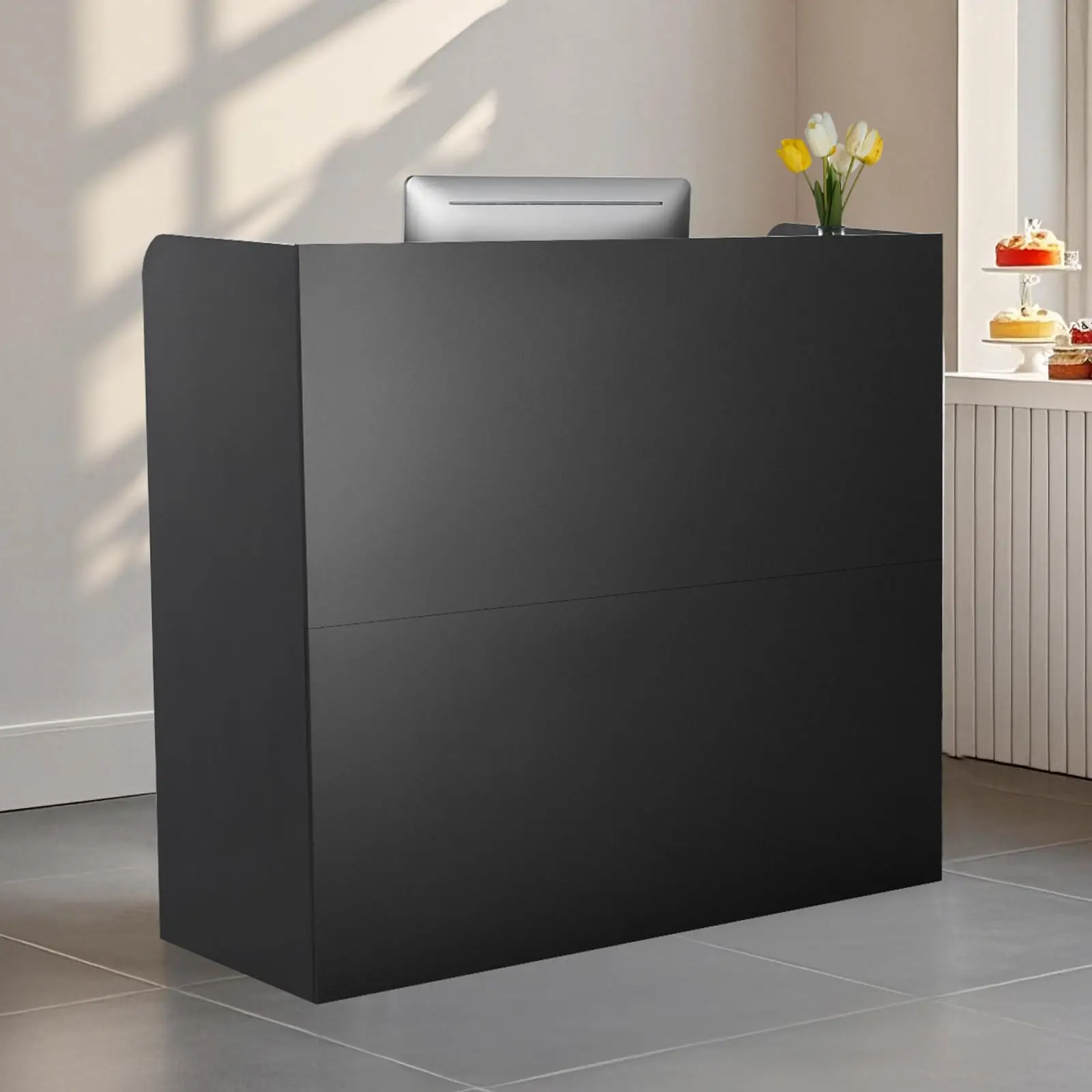 Reception Desk, 47 Inch Rectangular Front Counter Table, Office Reception Counter with Lockable Drawer and Storage