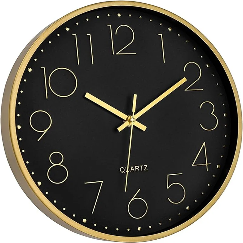 Black Gold Wall Clock 12 Inch Silent Non-Ticking Battery Operated Round Quartz Modern Wall Clock for Living Room Bedroom Home