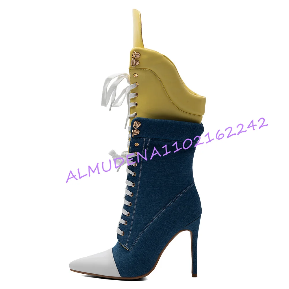 Women Denim Patchwork Knee High Boots Pointed Toe Lace Up Thin Stiletto Heel Fold Yellow Cuff Side Zipper Street Tall Booties view 5