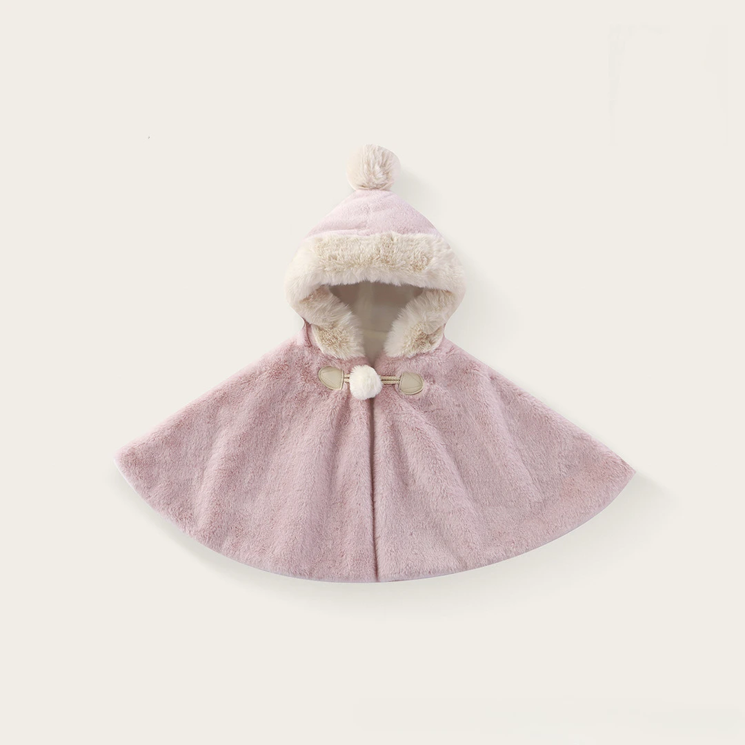 Winter Baby Hooded Fur Cloak Warm Fleece Poncho Pom Pom Faux Fur Cape Jacket Snow Outfit Infant Toddler Girls Boys Kids Coat