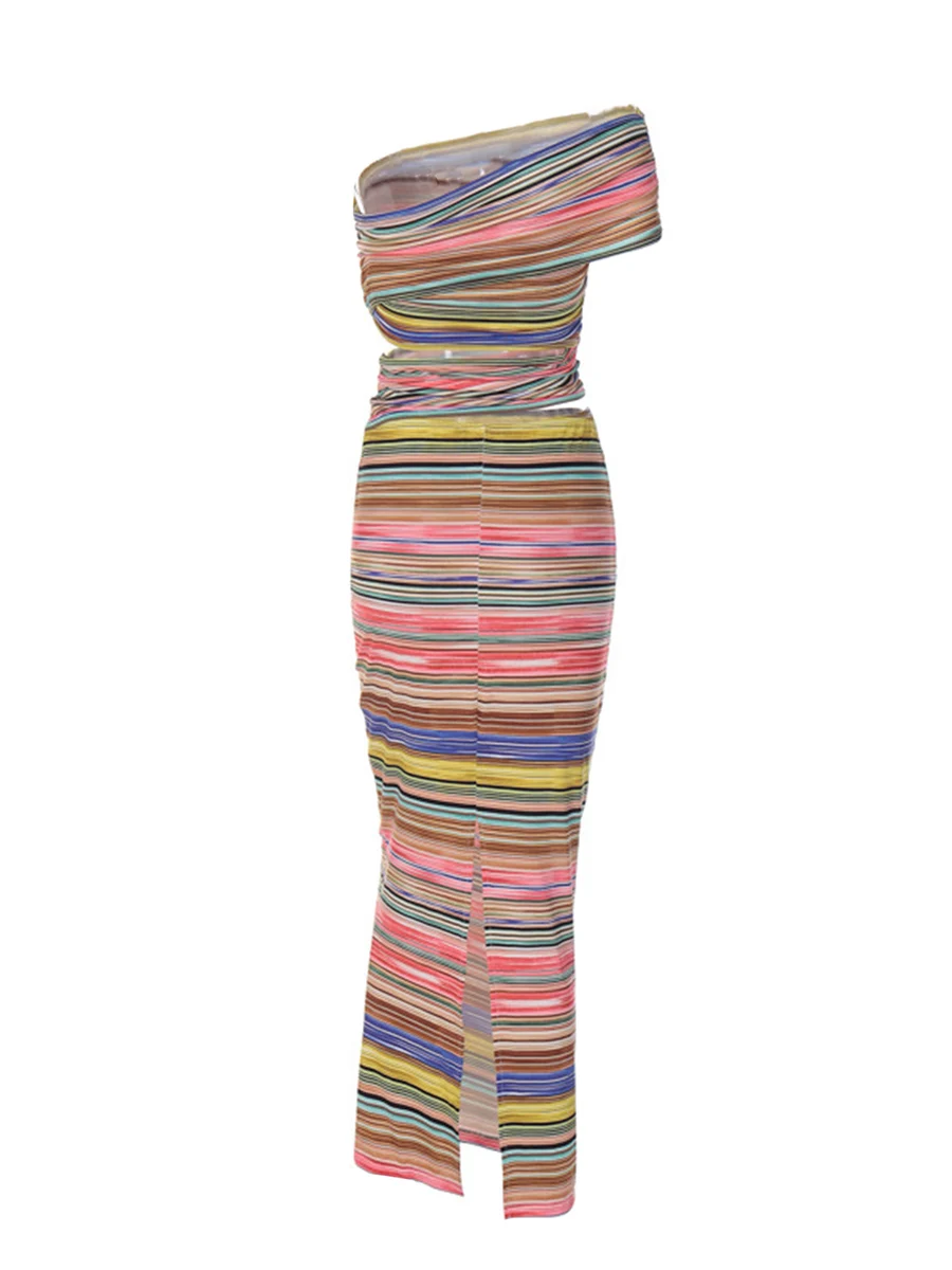 Vrouwen Gestreepte Bodycon Tube Jurk Onregelmatig Uitgesneden Één Schouder Mouwloze Lange Jurk Club Streetwear