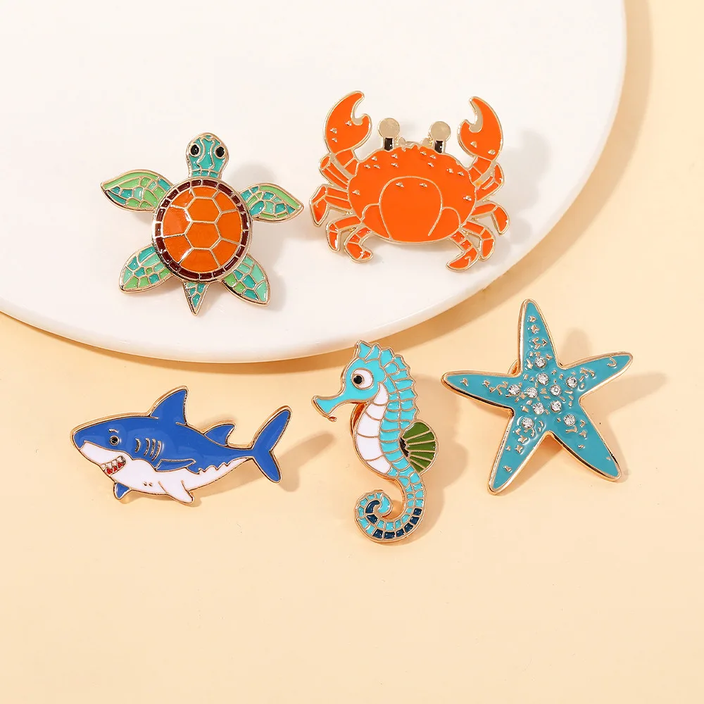 Cute Cartoon Marine Animal Shark Turtle Starfish Crab Brooches Pins Underwater World Creatures Badge Lapel Jewelry Friends Gift