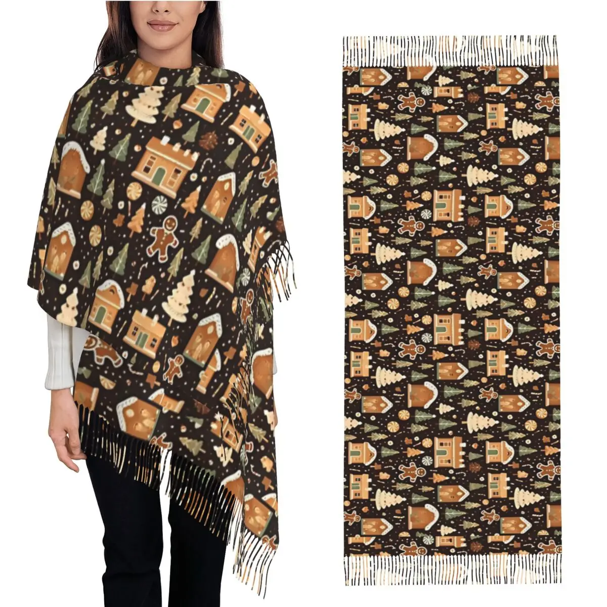 

Химерный женский шарф с пряничным и ярким узором, зима-осень, шаль, рождественские длинные большие шарфы с кисточками, женские