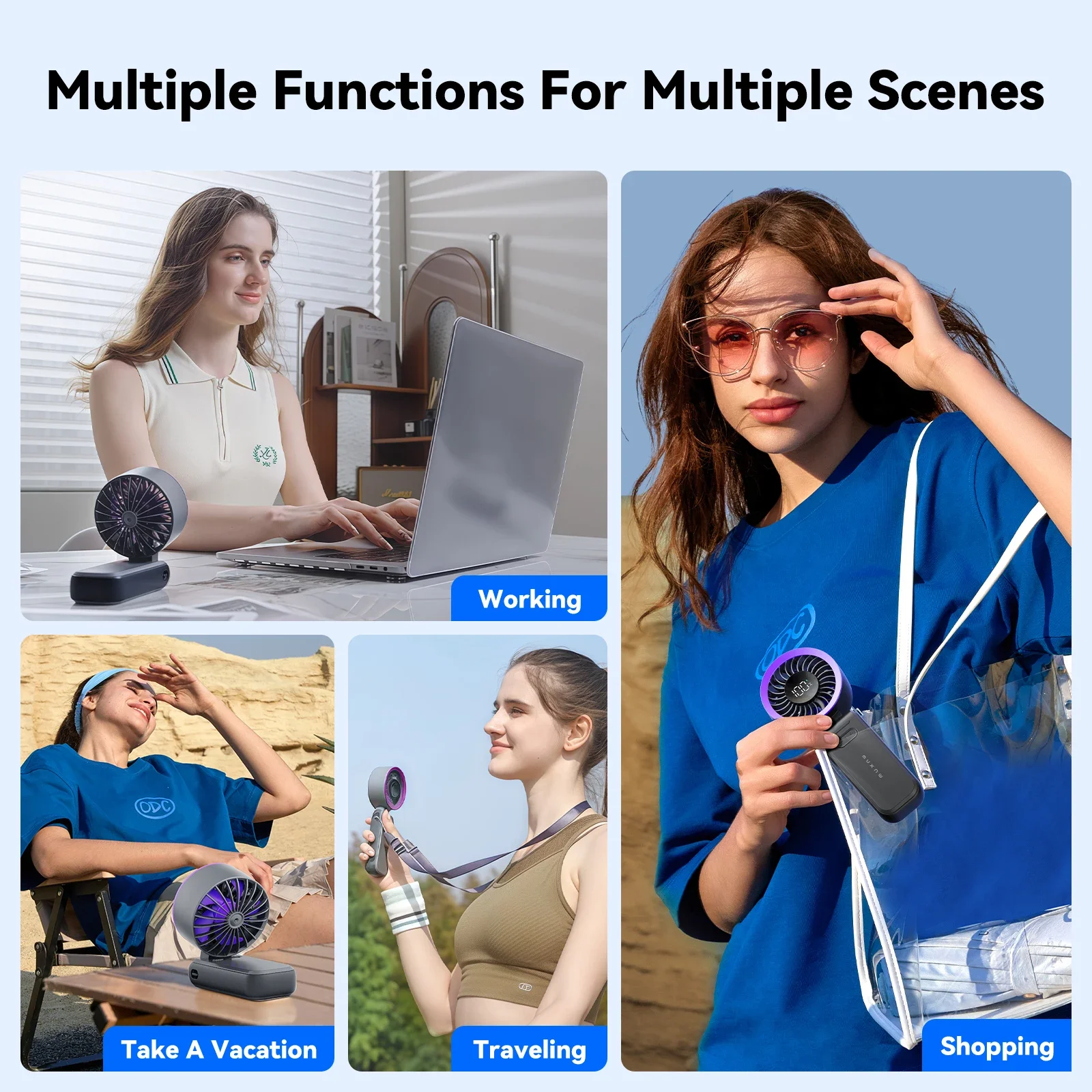 مروحة MUXNW 3 في 1 المحمولة المحمولة: مروحة شخصية صغيرة بقدرة 3600 مللي أمبير في الساعة قابلة لإعادة الشحن وقابلة للطي USB - تبريد صيفي للسفر على الشاطئ