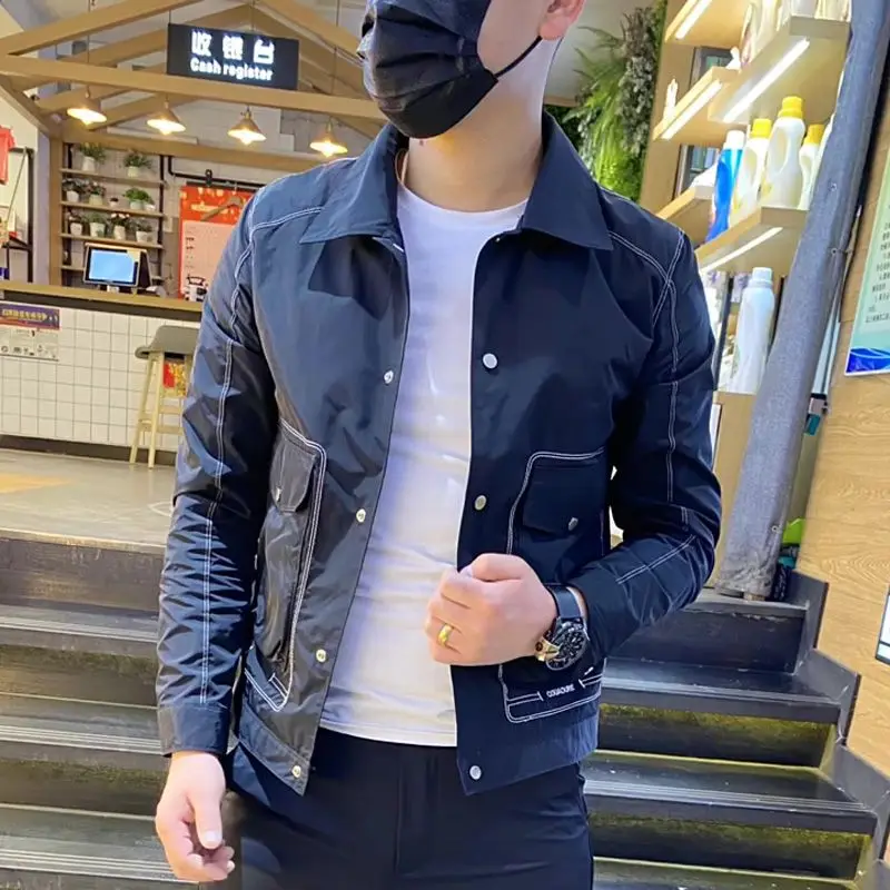 

Trendy Casual Men's Jacket Simple and Handsome Jacket Trendy Men's Internet Celebrity Slim Fit Lapel Long Sleeved Top