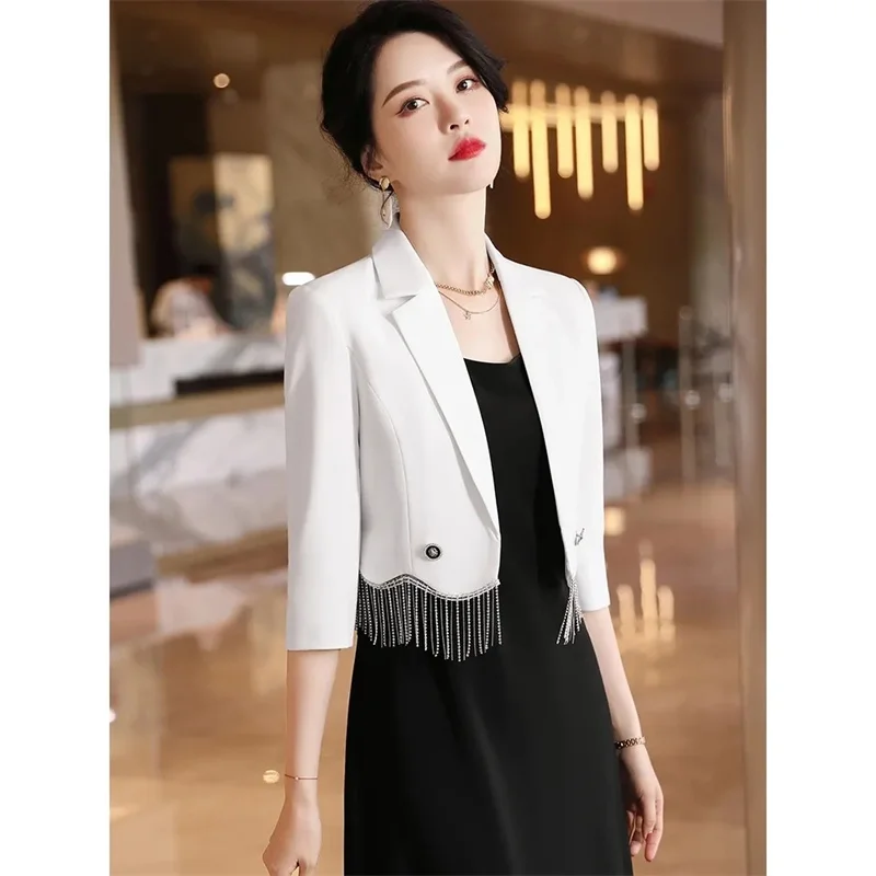 Advanced sense Female Tassels Small Suit Top Women Camisole Longuette Suit Spring Autumn Lady Seven Points Sleeved Blazer Jacket