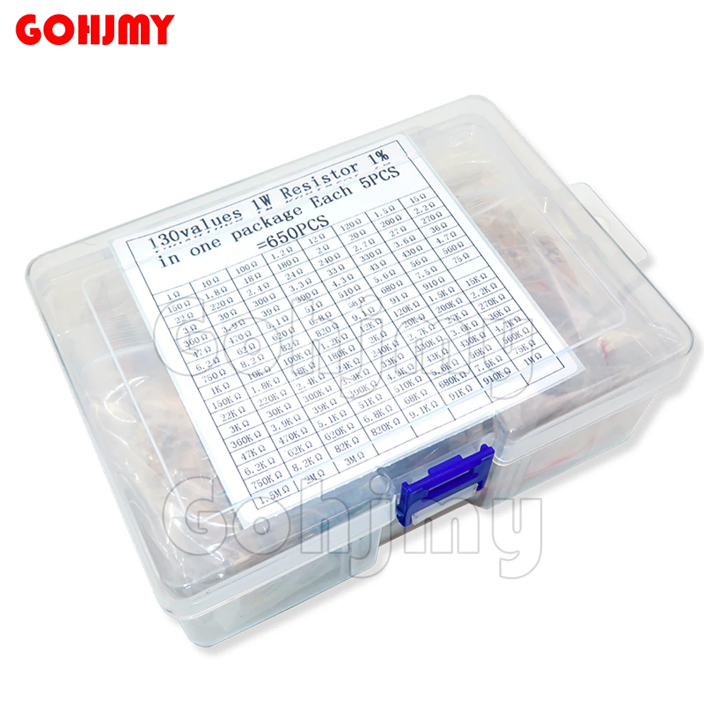 

650 шт., 130 значений X 5 шт., 1 Вт 1%, Металлические пленочные резисторы, набор оригинальных резисторов, набор резисторов в ассортименте + коробка, новая модель