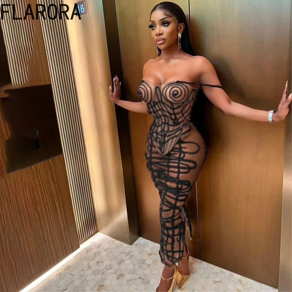 FLARORA Brown Sexy Mesh Perspective Skinky Skirts Two Piece Sets Woman Thin Strap Tops and Skirts Midnight Clubwear Party Suits