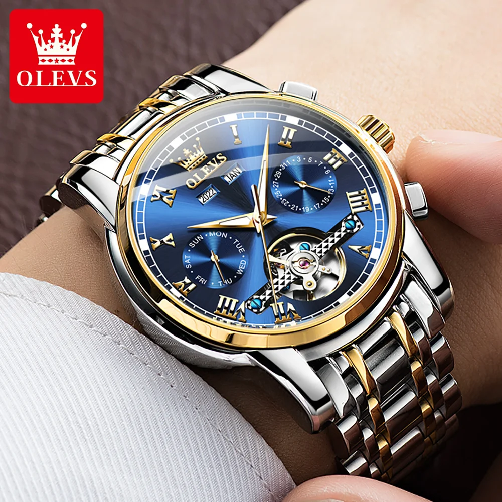 OLEVS Original Automatic Mechanical Watch for Men Stainless Steel Strap Tourbillon Skeleton Design Business TOP Brand Male Watch