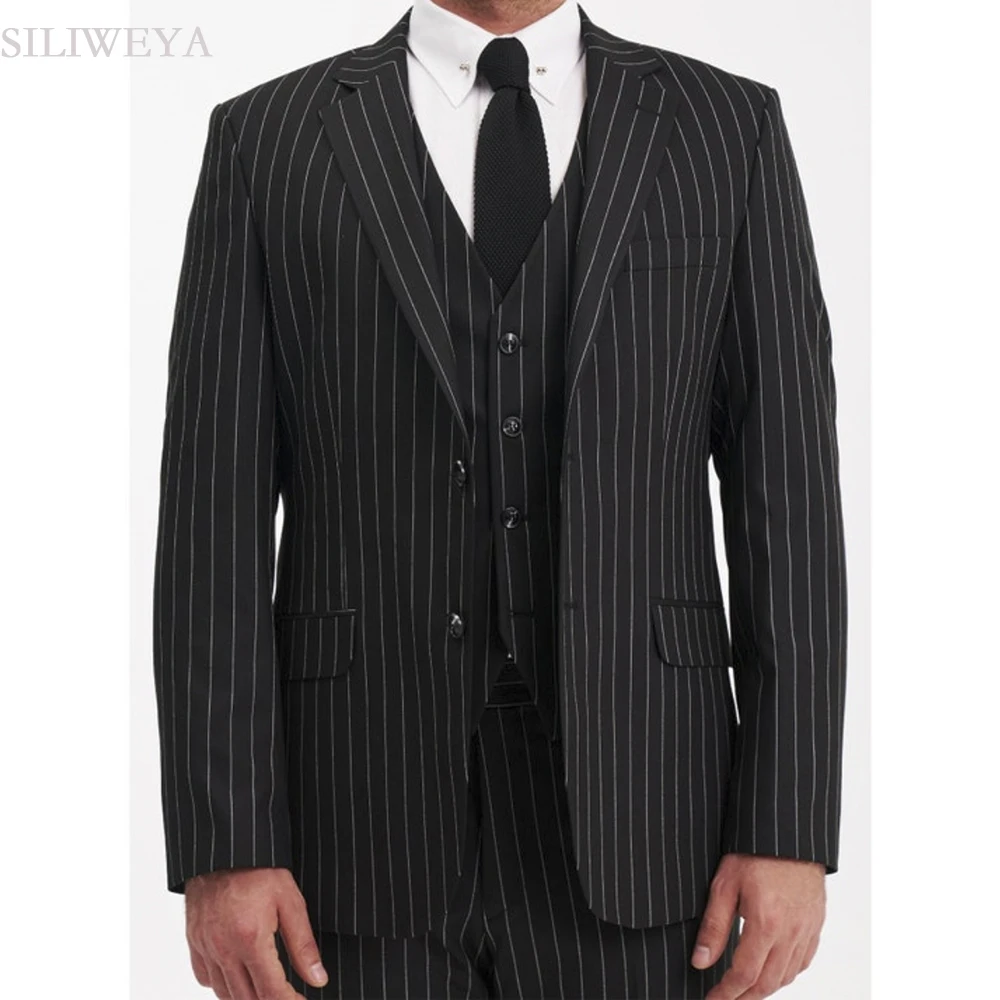 

SILIWEYA Black Stripe Men's 3 Piece Suits Formal Single Breasted Notch Lapel Slim Fit Jacket Pants Vest Male Clothing Costume