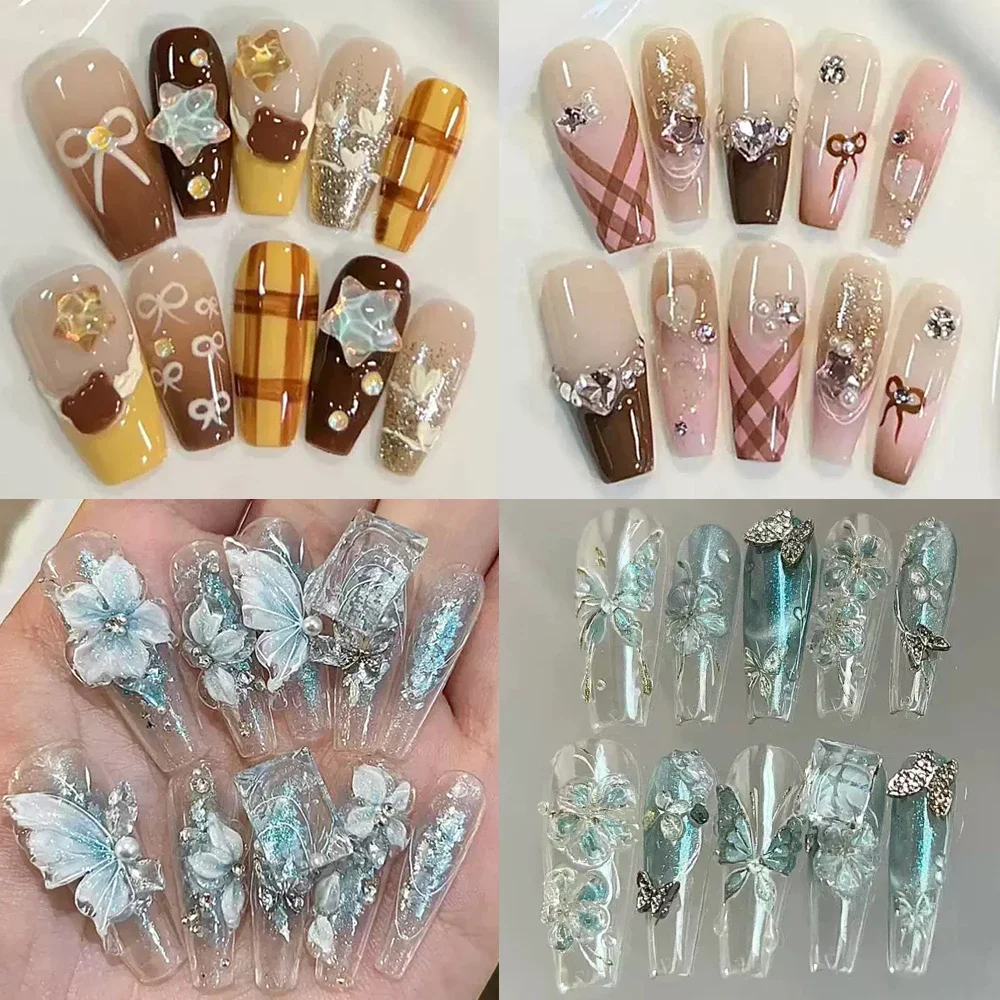 

10Pcs Fashion Gentle Handwork Press On Nails French Style Flowers Butterfly Rhinestone Pearl Design Detachable False Nails Gift