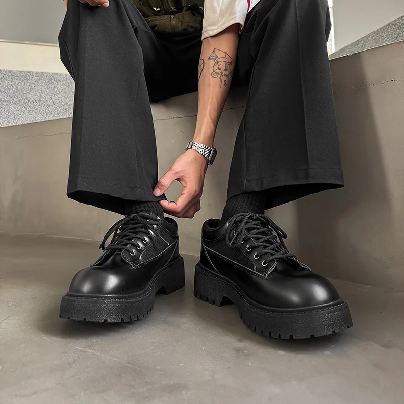 

Men's Leather Shoes Solid Color Large Size Flat Soft Lace-up Thick Bottom Heightening Spring-autumn Durable High-quality Shoes