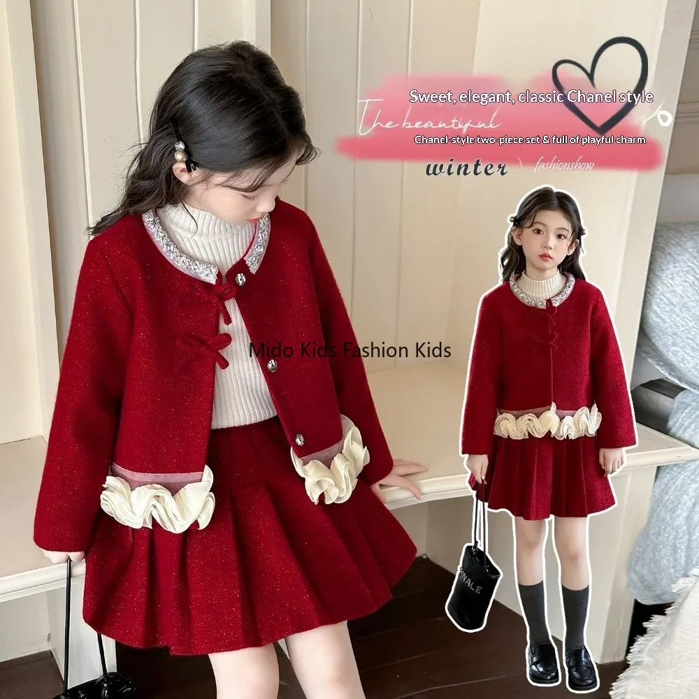 Two-piece Set of Children's Thick and Warm Pleated Skirt with A Red New Year French Suit for Little Girls 120-170cm