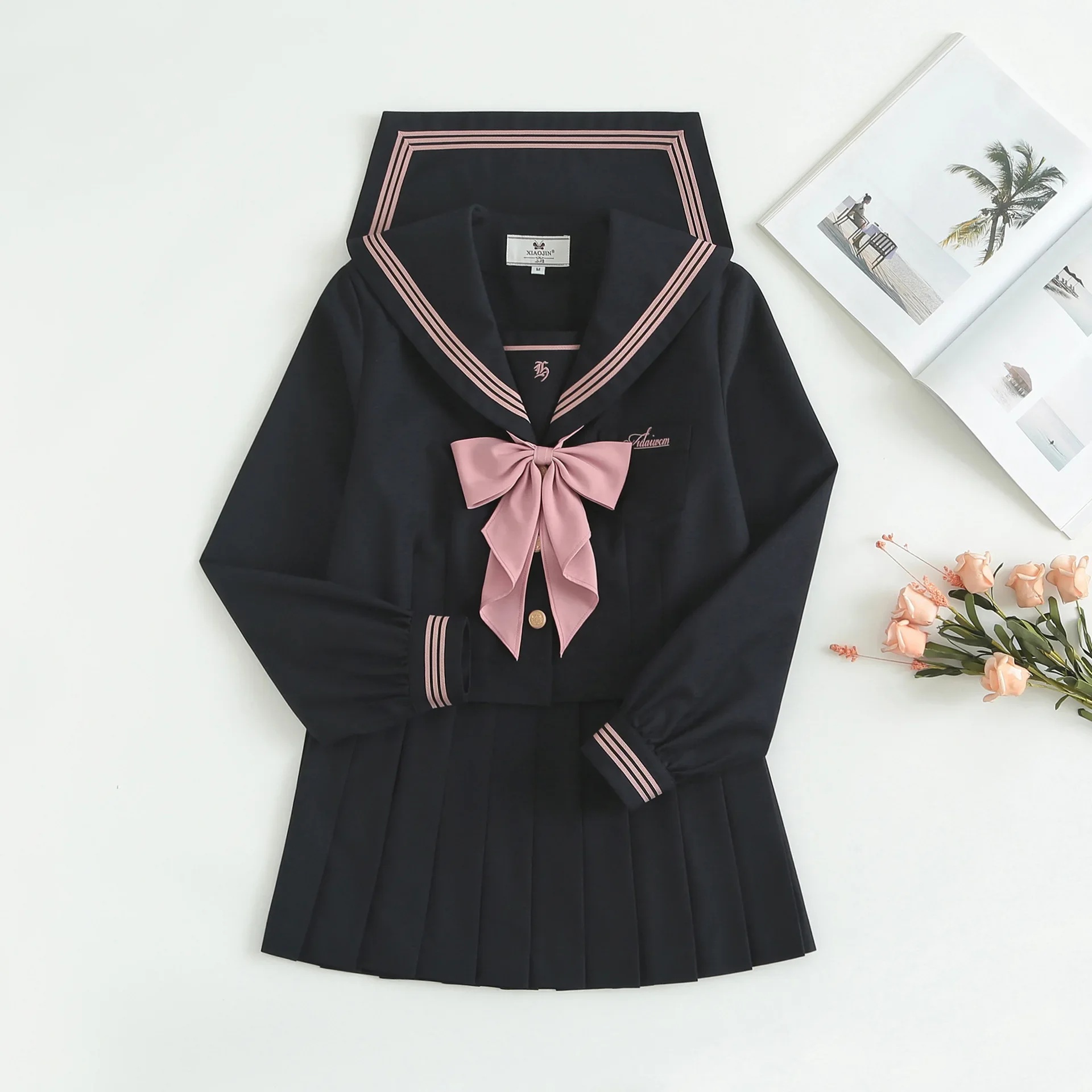 黒のセーラー服ピンクのネクタイ女子高生制服日本の学生制服コスチューム女性セーラー服新しい-jk-プリーツスカート