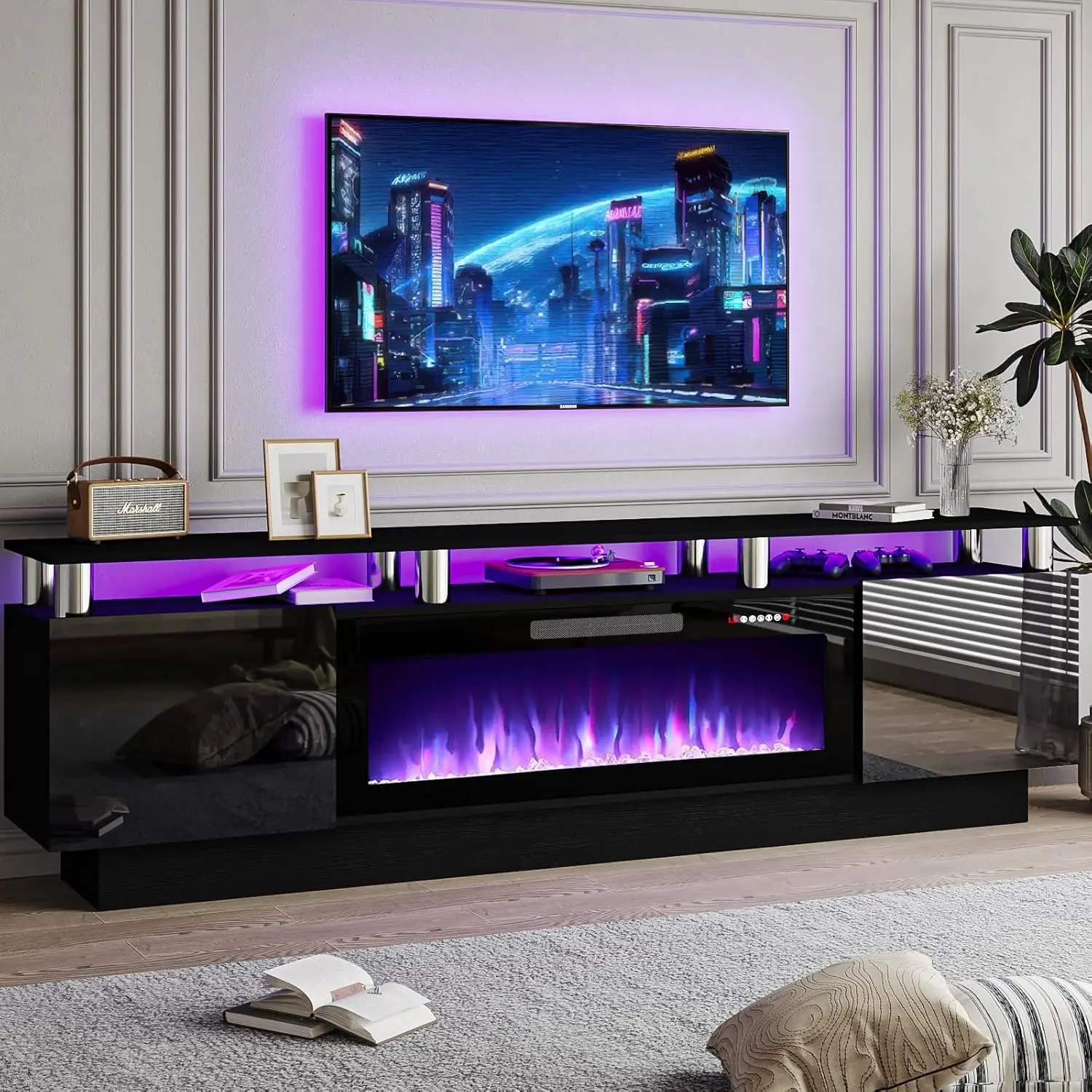

70' Modern Fireplace TV Stand with 36' Electric Fireplace for TVs Up to 80 inch, Luxury LED Light