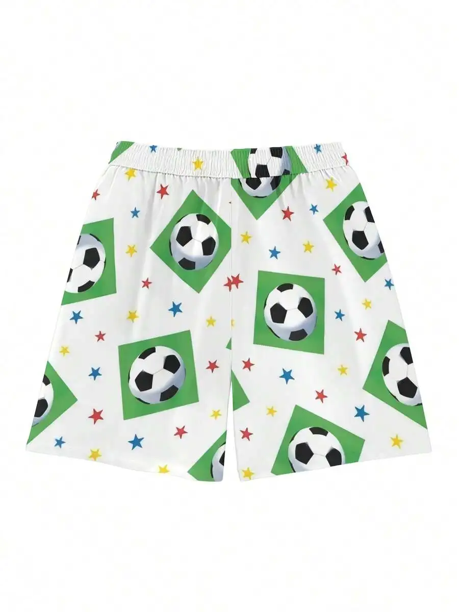 

Mens Breathable Quick-Dry Beach Shorts Featuring Soccer Balls In Green Squares And Colorful Stars, Elastic Waist With Drawstring